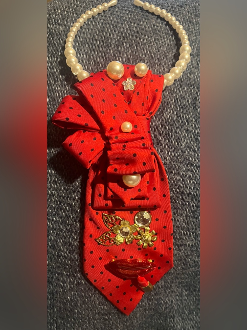 Red Polka Dot Bow Pendant Necktie with Pearl Accents.